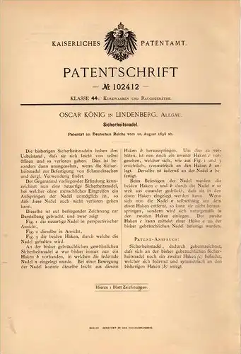 Original Patentschrift - Oscar König in Lindenberg i. Allgäu , 1898 , Sicherheitsnadel , Nadel , Schmuck !!!