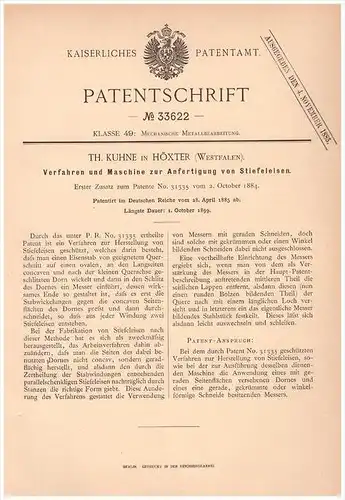 Original Patentschrift - Th. Kuhne in Höxter , Westf., 1885 , Maschine für Stiefeleisen , Metallbau !!!