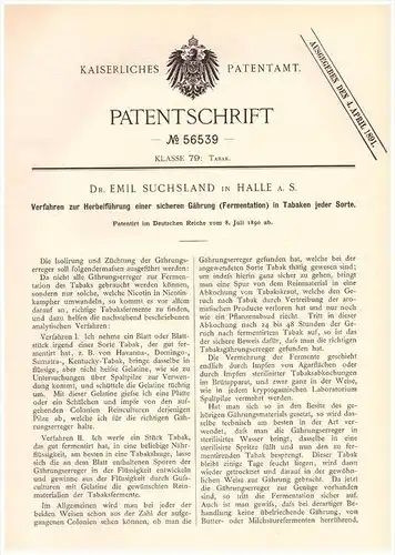 Original Patentschrift - Dr. Emil Suchsland in Halle a.S., 1890 , Tabak - Gährung , Cigarette , Cigarren , Nikotin !!!