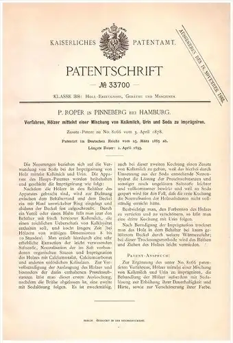 Original Patentschrift - P. Roper in Pinneberg , 1885 , Holz - Imprägnierung mit Urin und Soda , Forst , Tischlerei !!!