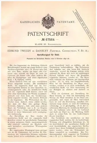 Original Patentschrift -  Edmund Tweedy in Danbury , Connecticut , 1890 , Liquid for hardening steel !!!