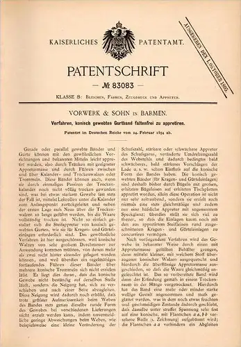 Original Patentschrift - Vorwerk & Sohn in Barmen b. Wuppertal ,1894, gewebtes Gurtband, Teppich , Teppiche , Auslegware