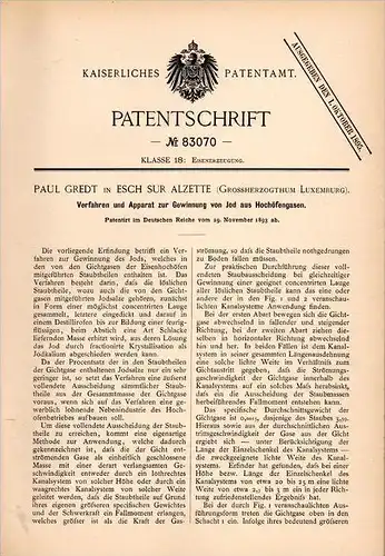 Original Patentschrift -P. Gredt in Esch sur Alzette , 1893 , Gewinnung von Jod aus Hochofen , Luxembourg !!!