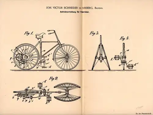 Original Patentschrift -J. Schneider in Amberg , Bayern , 1894 , Antrieb für Fahrrad , bicycle !!!
