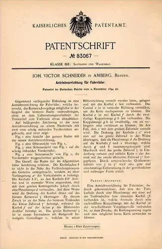 Original Patentschrift -J. Schneider in Amberg , Bayern , 1894 , Antrieb für Fahrrad , bicycle !!!