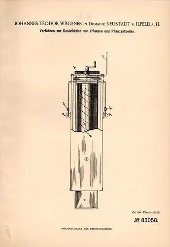 Original Patentschrift -J. Wägener in Neustadt b. Ilfeld a.H. 1895, Desinfektion von Pflanzen , Landwirtschaft , Harztor