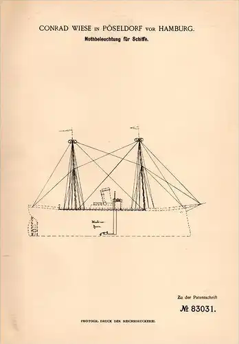 Original Patentschrift - C. Wiese in Pöseldorf vor Hamburg , 1895 , Notbeleuchtung für Schiffe , Schiff , Seefahrt !!!