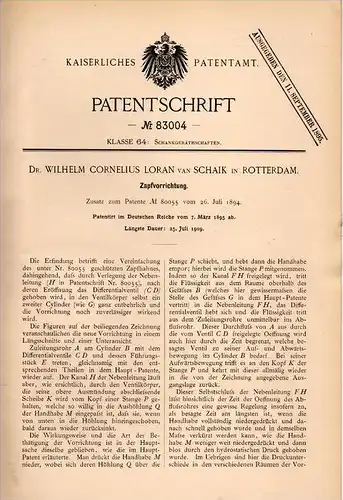 Original Patentschrift - Dr. W. Cornelius van Schaik in Rotterdam ,1895, Zapfapparat , Zapfhahn , Kneipe , Bier , beer !