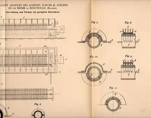 Original Patentschrift - Forges & Ateliers de la Biesme in Bouffioulx , 1894 , Apparat für Heizrohre , Heizung !!!