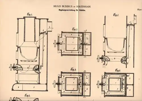 Original Patentschrift - Hugo Buderus in Hirzenhain , 1894 , Regelung für Füllöfen , Heizung !!!