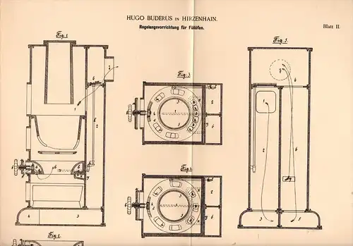 Original Patentschrift - Hugo Buderus in Hirzenhain , 1894 , Regelung für Füllöfen , Heizung !!!