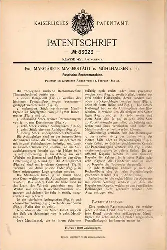 Original Patentschrift -M. Magerstädt in Mühlhausen i.Th. 1895, russische Rechenmaschine , Rechner , Schule , Mathematik