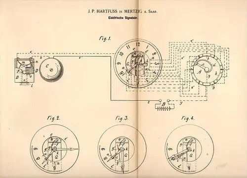 Original Patentschrift - J.P. Hartfuss in Merzig a. Saar , 1891 ,  elektr. Signaluhr , Uhr , Signal , Mertzig !!!