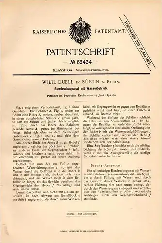 Original Patentschrift - Wilh. Duell in Sürth a. Rhein , 1891 , Bier - Druckapparat , Ausschank , Kneipe , Bar , Köln !!