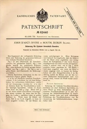 Original Patentschrift - John d`Arcy-Irvine in Howth , Dublin ,1891, Fuse for rifle, weapon, military, hunting , ireland