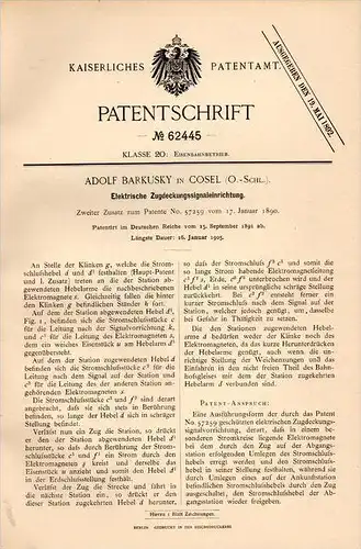 Original Patentschrift - A. Barkusky in Cosel / Ko&#378;le , 1891,elektrische Anlage für Eisenbahn , Gleis , K&#281;dzie