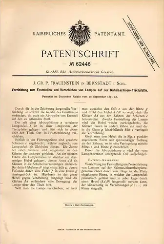 Original Patentschrift -P. Frauenstein in Bernstadt / Bierutów i. Schlesien ,1891, Apparat für Nähmaschine , Schneiderei