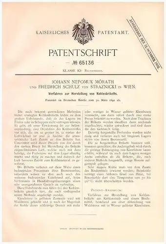 Original Patentschrift -  J. Mörath und F. Schulz von Straznicki in Wien , 1892 , Kohlenbrikett - Herstellung , Kohle !!