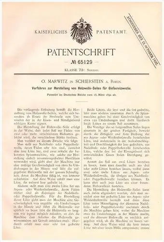 Original Patentschrift -  O. Marwitz in Schierstein a. Rhein , 1892 , Herstellung von Holzwolleseilen für Gießerei !!!