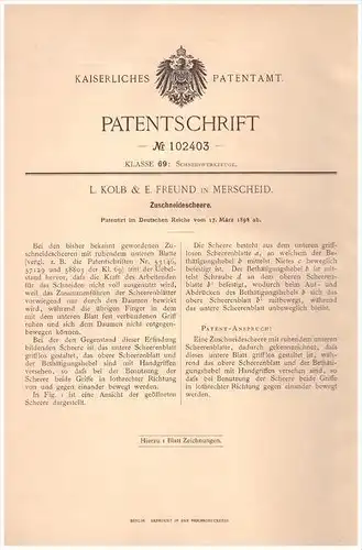 Original Patentschrift -  L. Kolb & E. Freund in Merscheid b. Solingen , 1898 , Scheere , Zuschneidescheere , Schneider