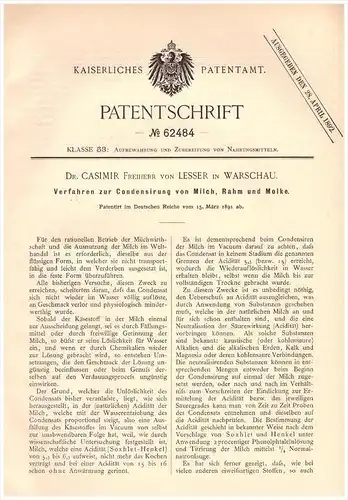 Original Patentschrift -  Dr. C. Freiherr von Lesser in Warschau , 1891 , Condensierung von Milch , Molke und Rahm !!!