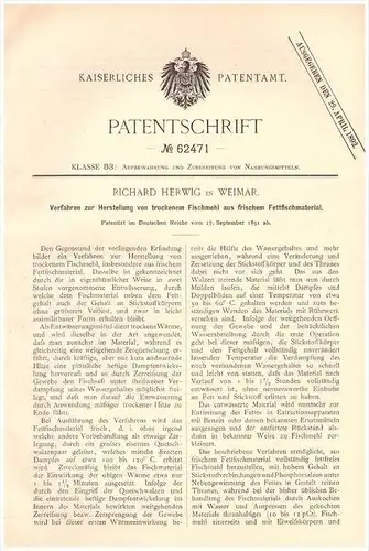 Original Patentschrift -  R. Herwig in Weimar , 1891 , Herstellung von Fischmehl , Fisch , Fische !!!