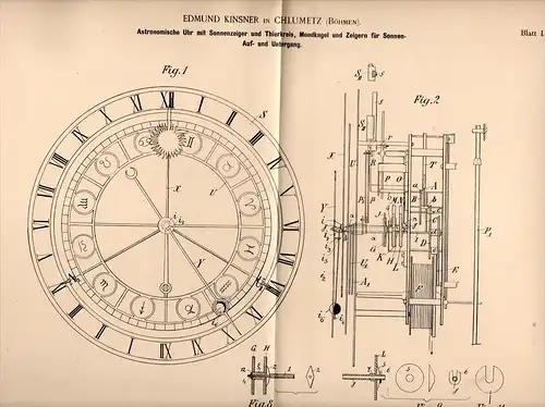 Original Patentschrift - E. Kinsner in Chlumetz ,1895, Astronomische Uhr , Astronomie , Tierkreis , Chlumec nad Cidl !!!