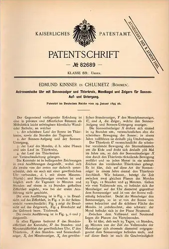 Original Patentschrift - E. Kinsner in Chlumetz ,1895, Astronomische Uhr , Astronomie , Tierkreis , Chlumec nad Cidl !!!