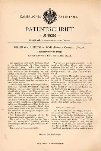 Original Patentschrift - W. von Bielecki in Toti , Biharer Comitat , 1895 , Schollenbrecher für Pflug , Agrar , Hungary