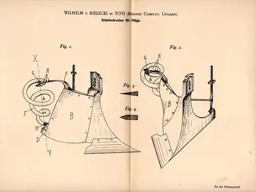 Original Patentschrift - W. von Bielecki in Toti , Biharer Comitat , 1895 , Schollenbrecher für Pflug , Agrar , Hungary