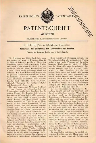 Original Patentschrift - J. Helder in Dokkum , 1895 , Käsewanne , Käse , Molkerei , Dongeradeel !!!