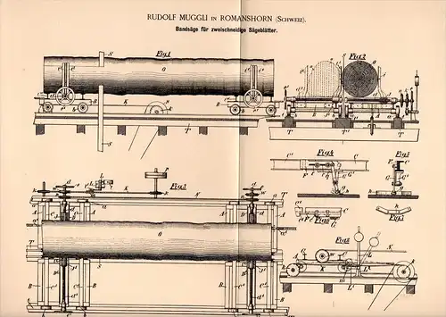 Original Patentschrift - Rudolf Muggli in Romanshorn b. Arbon , 1895 , Bandsäge , Sägewerk , Forst , Holz , Tischlerei !