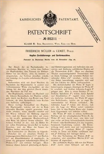 Original Patentschrift - F. Müller in Ulmet i. Pfalz ,1894, Hopfen - Sortiermaschine , Bier , Brauerei , Alkohol , Kusel