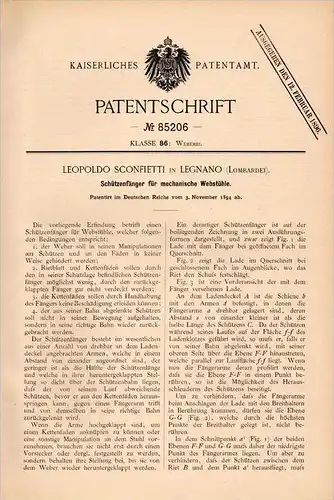 Original Patentschrift - L.  Sconfietti in Legnano , Lombardei ,1894, Apparecchi per la tessitura telaio, tessitura !!!