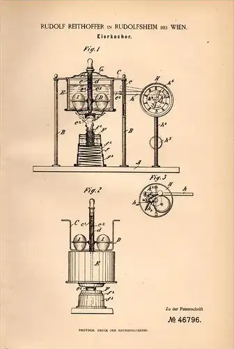 Original Patentschrift - R. Reithoffer in Rudolfsheim b. Wien , 1888 , Eierkocher , Ei , Eier , Hühner !!!