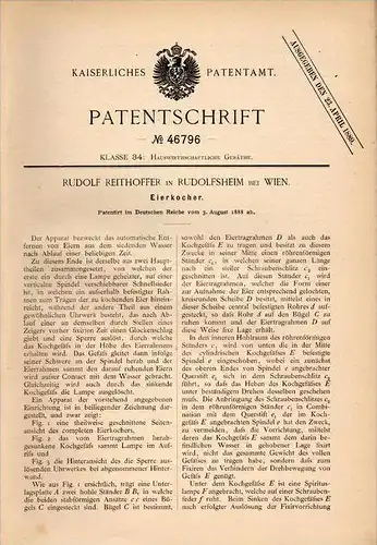 Original Patentschrift - R. Reithoffer in Rudolfsheim b. Wien , 1888 , Eierkocher , Ei , Eier , Hühner !!!