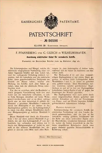 Original Patentschrift - F. Pfanneberg und C. Gleich in Wilhelmshaven , 1895 , elektrische Kabel für Schiffe , Schiffbau