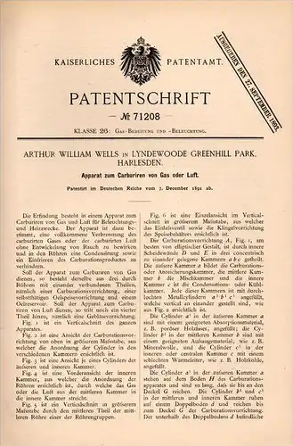 Original Patentschrift - A. Wells in Lyndewoode Greenhill Park , Harlesden , 1892 , Carburation of gas , London !!!