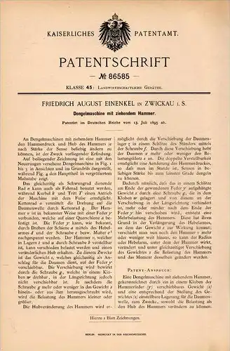 Original Patentschrift - F.A. Einenkel in Zwickau i.S., 1895 , Dengelmaschine , Landwirtschaft , Metallbau !!!
