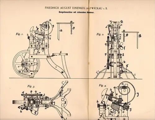 Original Patentschrift - F.A. Einenkel in Zwickau i.S., 1895 , Dengelmaschine , Landwirtschaft , Metallbau !!!