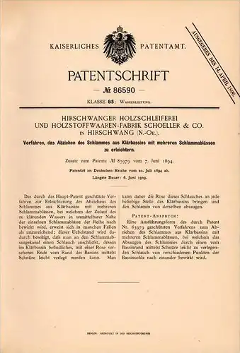 Original Patentschrift - Holzschleiferei Schoeller & Co in Hirschwang ,1894, Abziehen von Klärschlamm , Reichenau a. Rax