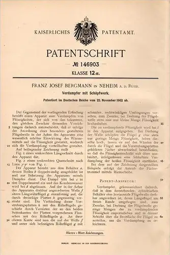 Original Patentschrift - F.J. Bergmann in Neheim a.d. Ruhr , 1902 , Verdampfer mit Schöpfwerk , Hüsten !!!