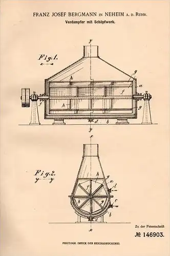 Original Patentschrift - F.J. Bergmann in Neheim a.d. Ruhr , 1902 , Verdampfer mit Schöpfwerk , Hüsten !!!