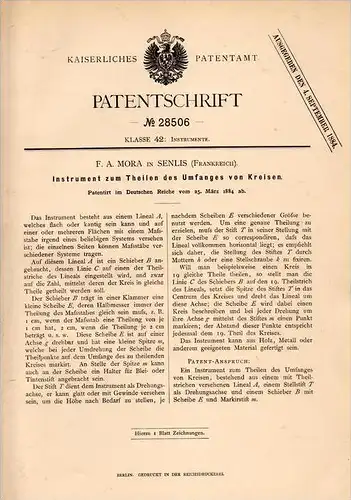Original Patentschrift -F.A. Mora dans Senlis , Oise ,1884, Dispositif destiné à diviser la circonférence,  géométrie !!