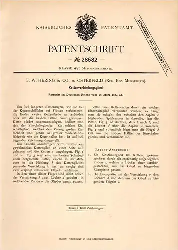 Original Patentschrift - F.W. Hering & Co in Osterfeld b. Merseburg , 1884 , Kettenverbindungsglied , Kette !!!