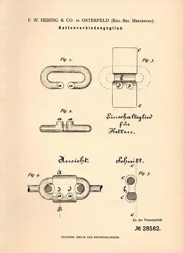 Original Patentschrift - F.W. Hering & Co in Osterfeld b. Merseburg , 1884 , Kettenverbindungsglied , Kette !!!