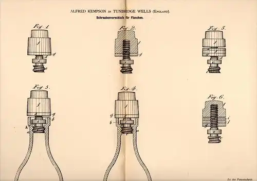 Original Patentschrift - A. Kempson in Tunbridge Wells , 1883 , Screw cap for bottles , bottle !!!