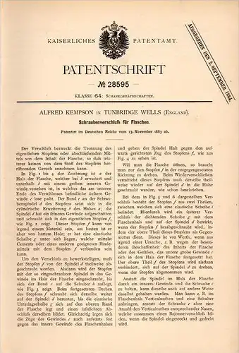 Original Patentschrift - A. Kempson in Tunbridge Wells , 1883 , Screw cap for bottles , bottle !!!