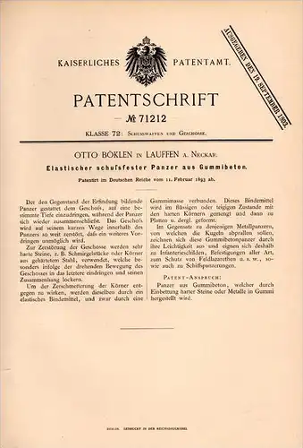 Original Patentschrift - Otto Böklen in Lauffen a. Neckar ,1893 , schußfester Panzer aus Gummibeton , schußsichere Weste