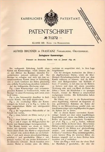 Original Patentschrift - A. Brunner in Frastanz , Vorarlberg , 1893 , zerlegbarer Kammreiniger , Kamm , Friseur , Haare